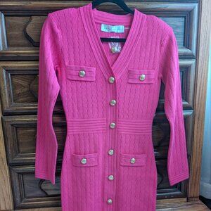 NWT Endless Rose V-Neck Long Sleeve Fuchsia Ribbed Mini Dress Size S